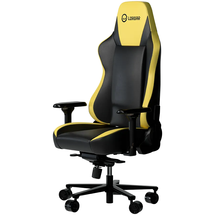 LORGAR Base 311, Gaming chair, PU eco-leather, 1.8 mm metal frame, multiblock mechanism, 4D armrests, 5 Star aluminium base, Class-4 gas lift, 75mm PU casters, Black + yellow — изображение 2