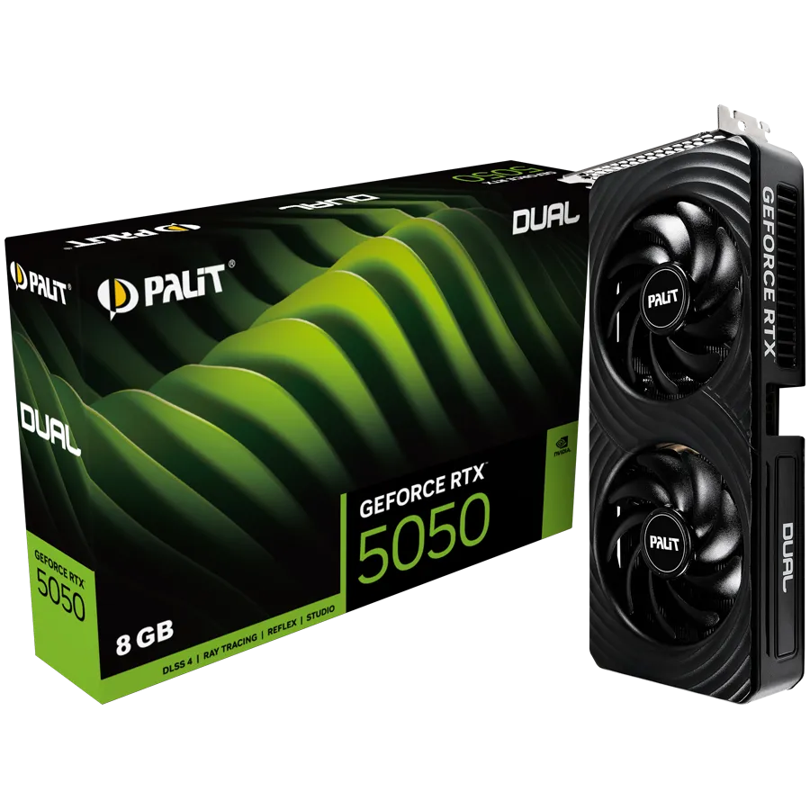 Palit RTX 5050 Dual 8GB GDDR6, 128 bits, 1x HDMI 2.1b, 3x DP 2.1b, two fan, 1x 8-pin Power connector, recommended PSU 550W, NE65050019P1-GB2070D