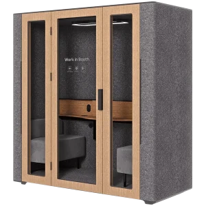 WorkBooth Two with Media hub integration spot, Blind back wall, Light grey felt, natural oak veneer, Jazz Graphite fabric for sofa