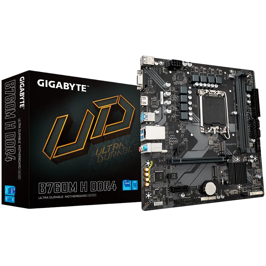 GIGABYTE Mainboard Desktop B760M H DDR4 (LGA1700, 2xDDR4, 1xDSub, 1xHDMI, GLAN, 1x PCI Express x16 PCIe 4.0, 1x PCI Express x1 PCIe 3.0, 2xM.2, 4 x SATAIII, 6x USB3.2 Gen1, 6x USB2.0/1.1) mATX