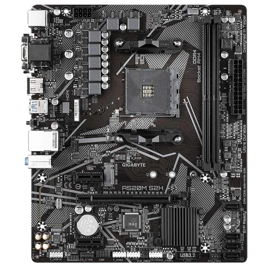GIGABYTE MB AM4 A520 2 x DDR4 PCIe 3.0 1 x M.2 4 x SATA 1 x D-Sub port 1 x DVI-D port 1 x HDMI port Micro ATX